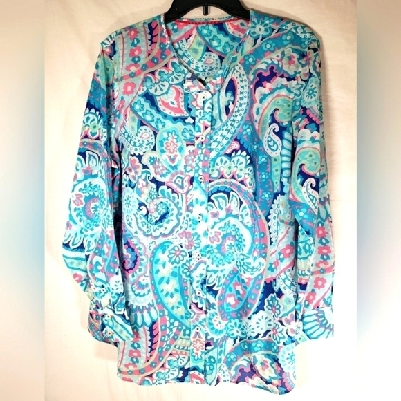 Torquoise Paisley Print Button Up Long Sleeve Shirt Sz L-XL - Picture 3 of 7